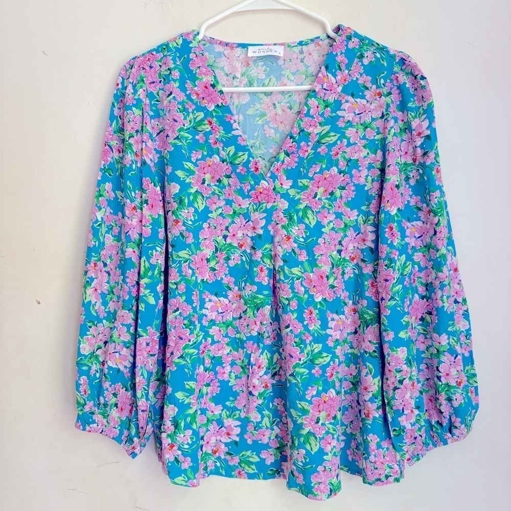 Emily Wonder Womens Shirt Sz S Split Neckline Blouse Top Orange Floral